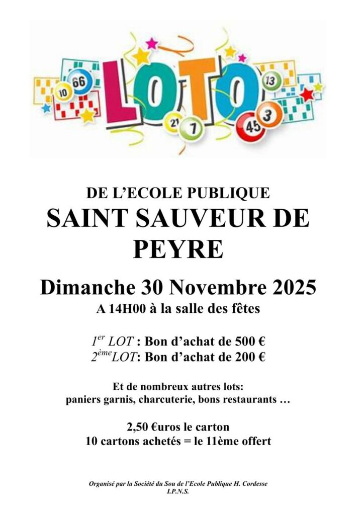 Loto de l'école publique de Saint Sauveur de Peyre le 30/11/25 - Commune de Peyre en Aubrac en Lozère