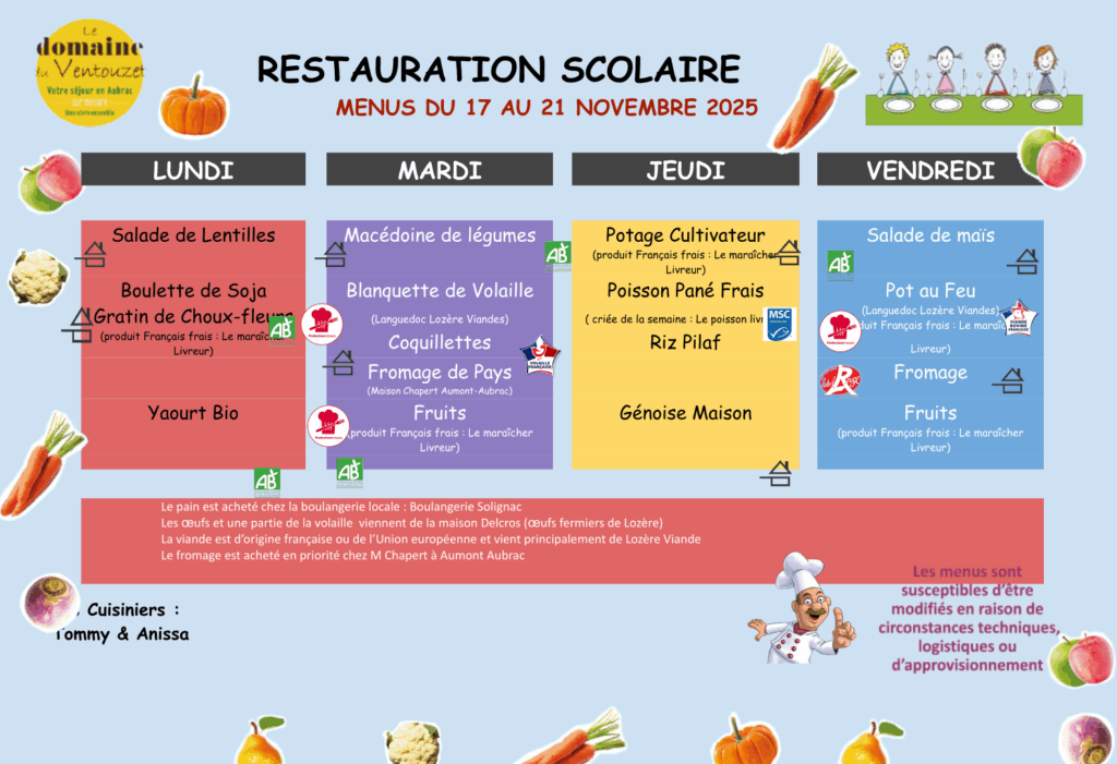 Menus restauration scolaire du 17 au 21 novembre 2025 - Commune de Peyre en Aubrac en Lozère