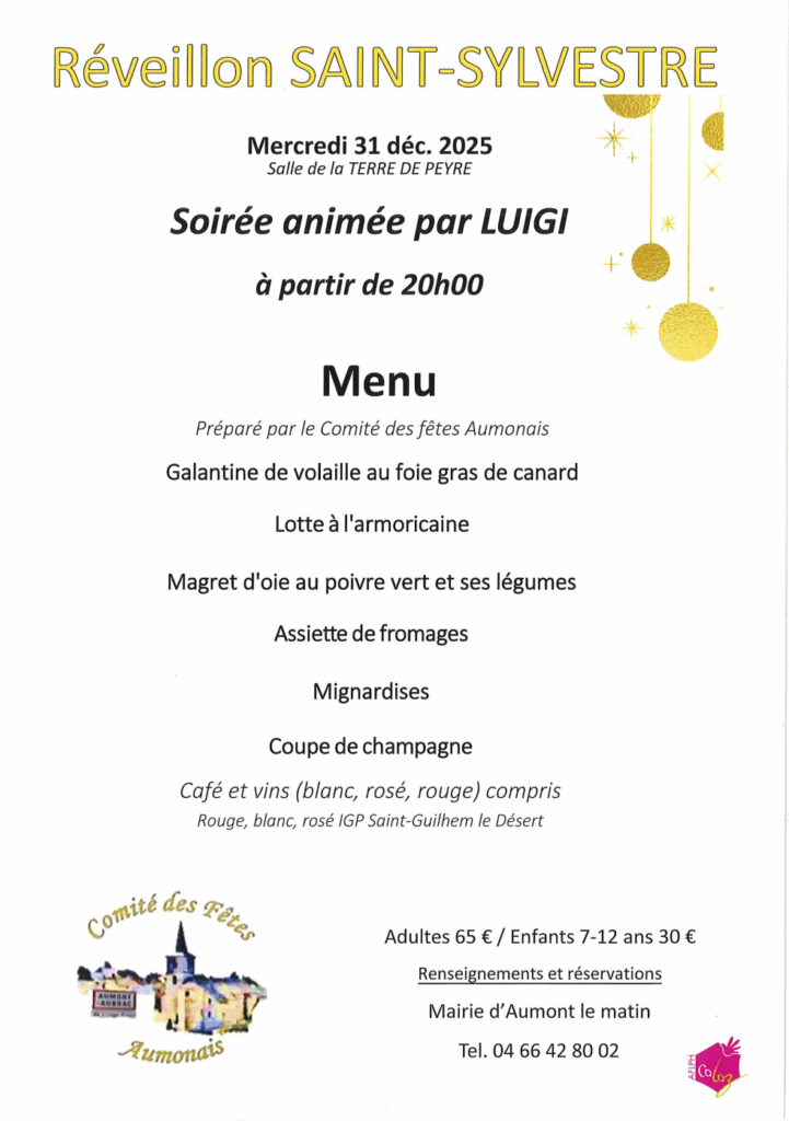 Menu réveillon Aumont-Aubrac 2025 - Commune de Peyre en Aubrac en Lozère