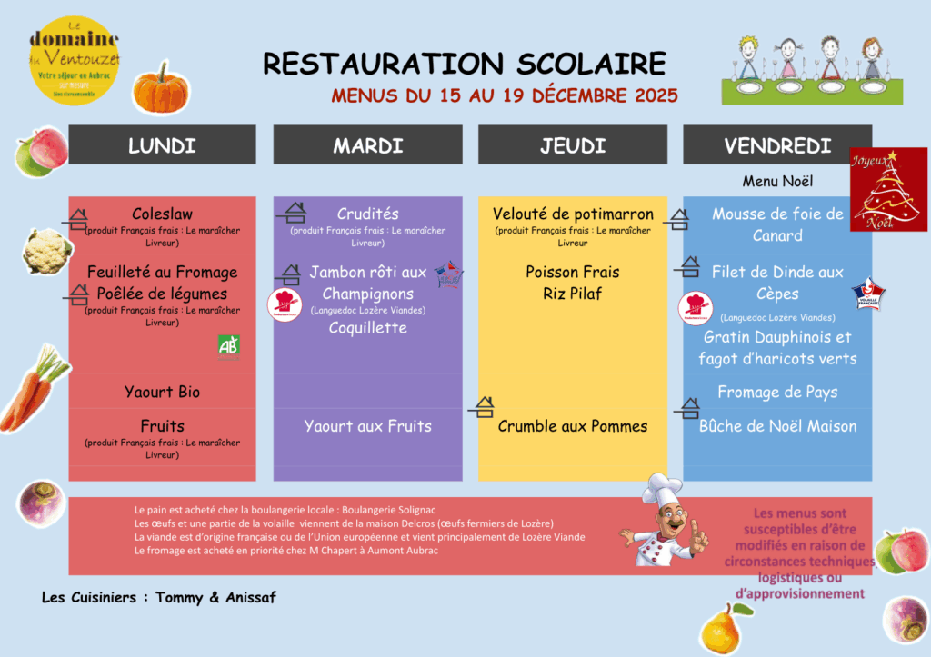 Menus restauration scolaire du 15 au 19 décembre 2025 - Commune de Peyre en Aubrac en Lozère