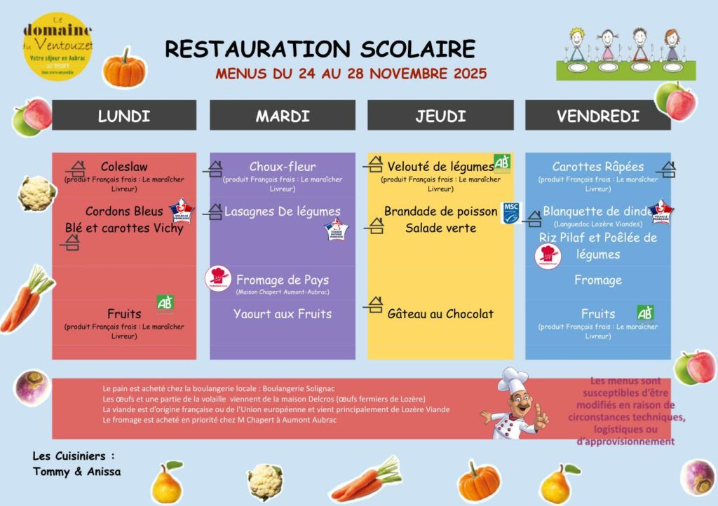 Menus restauration scolaire du 24 au 28 novembre 2025 - Commune de Peyre en Aubrac en Lozère