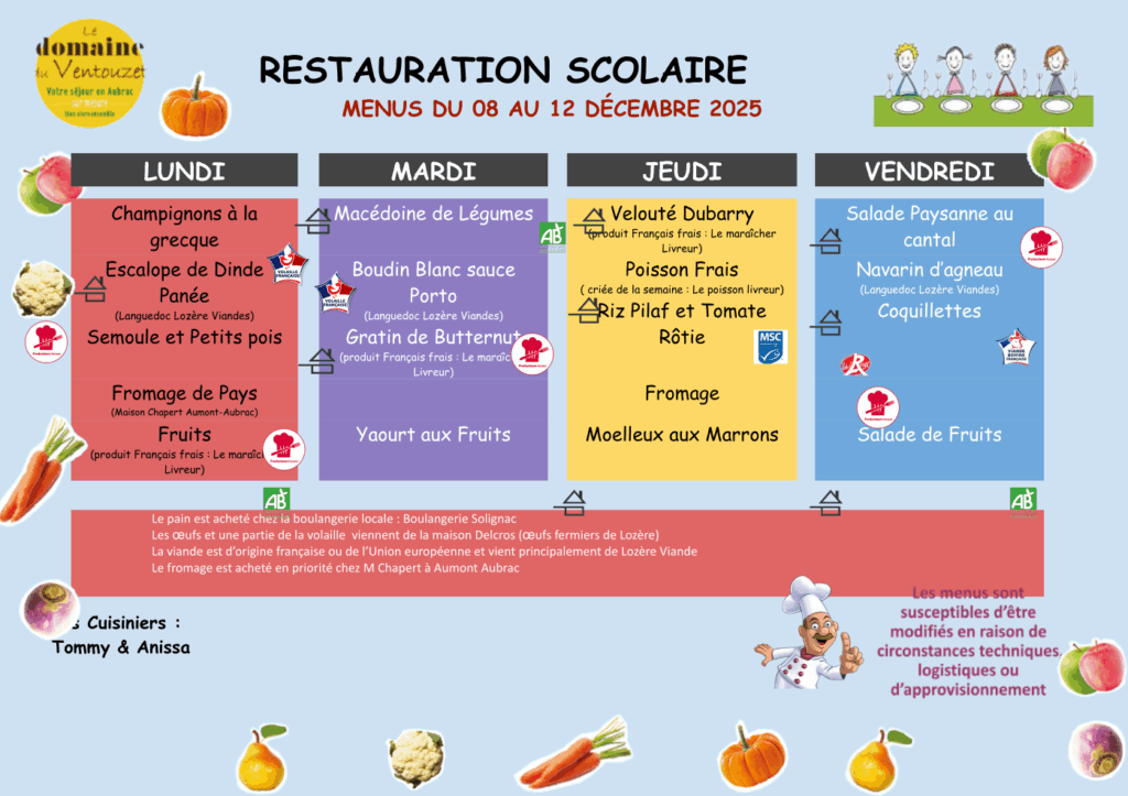 Menus restauration scolaire du 8 au 12 décembre 2025 - Commune de Peyre en Aubrac en Lozère