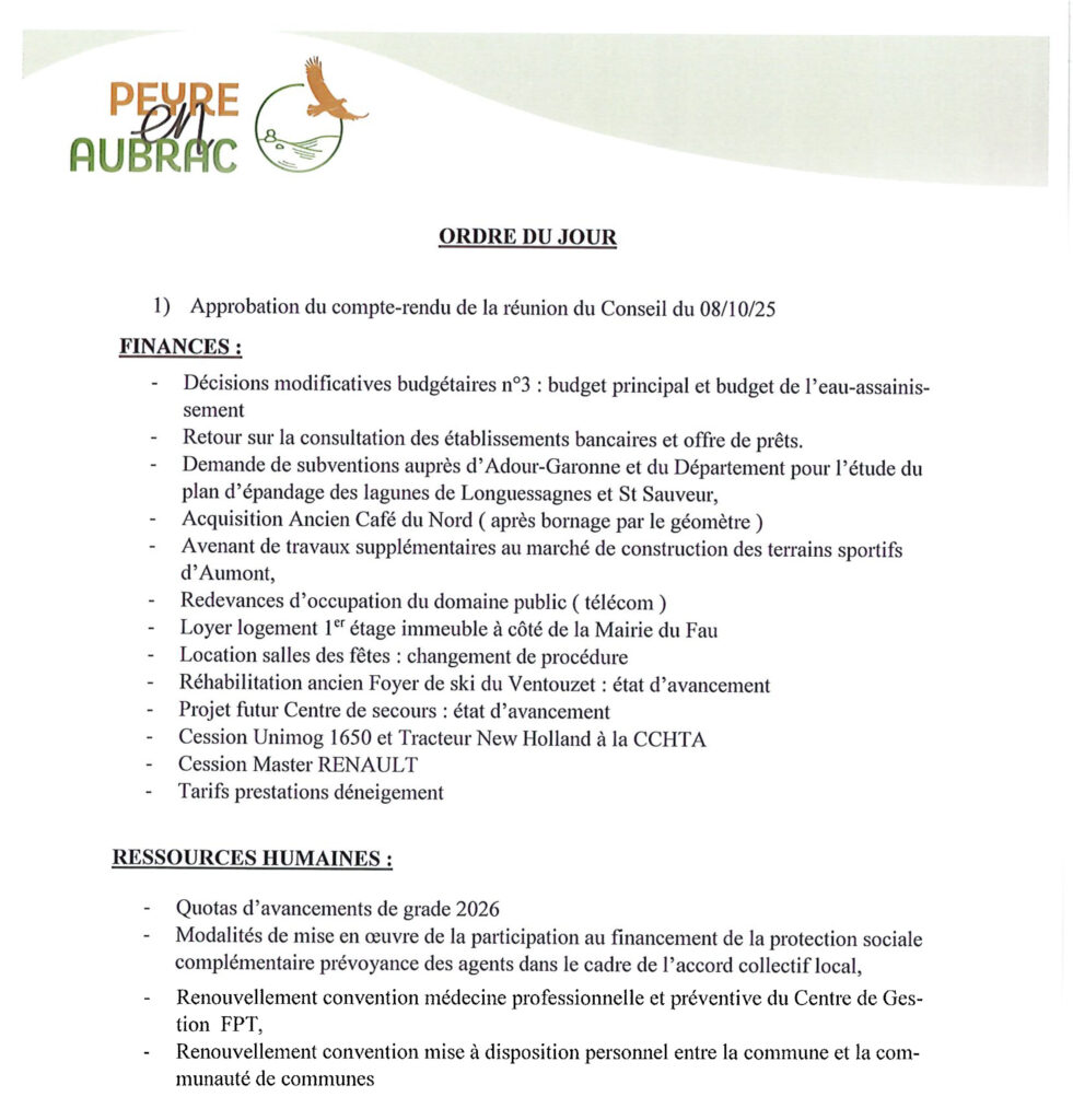 Ordre du jour Conseil Municipal du 8/12/25 - Commune de Peyre en Aubrac en Lozère