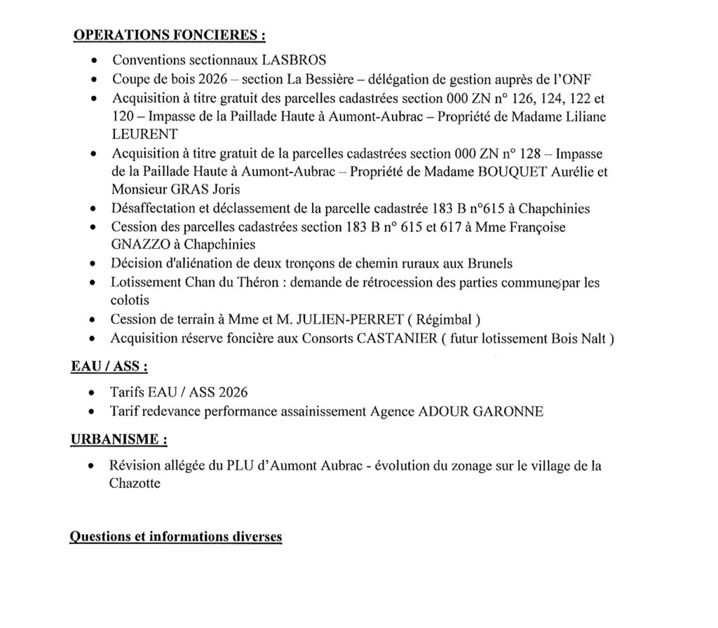 Ordre du jour Conseil Municipal du 8/12/25 - Commune de Peyre en Aubrac en Lozère