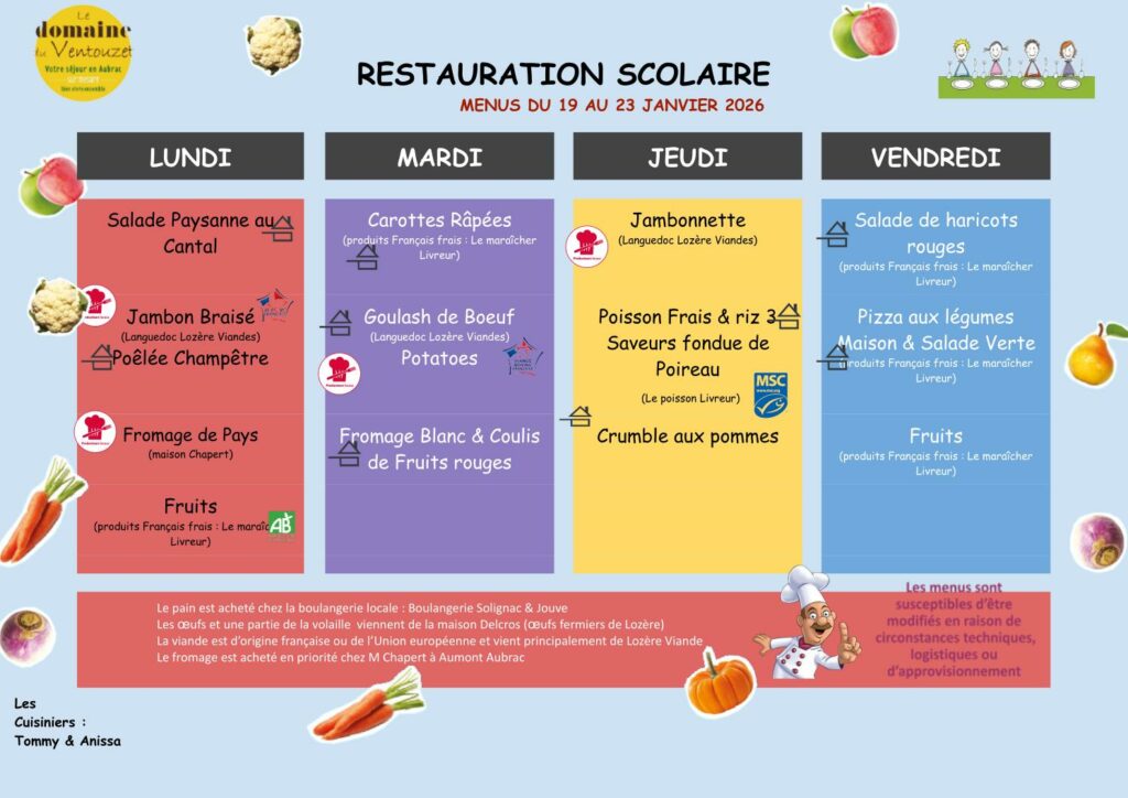 Menus restauration scolaire du 19 au 22 janvier 2026 - Commune de Peyre en Aubrac en Lozère