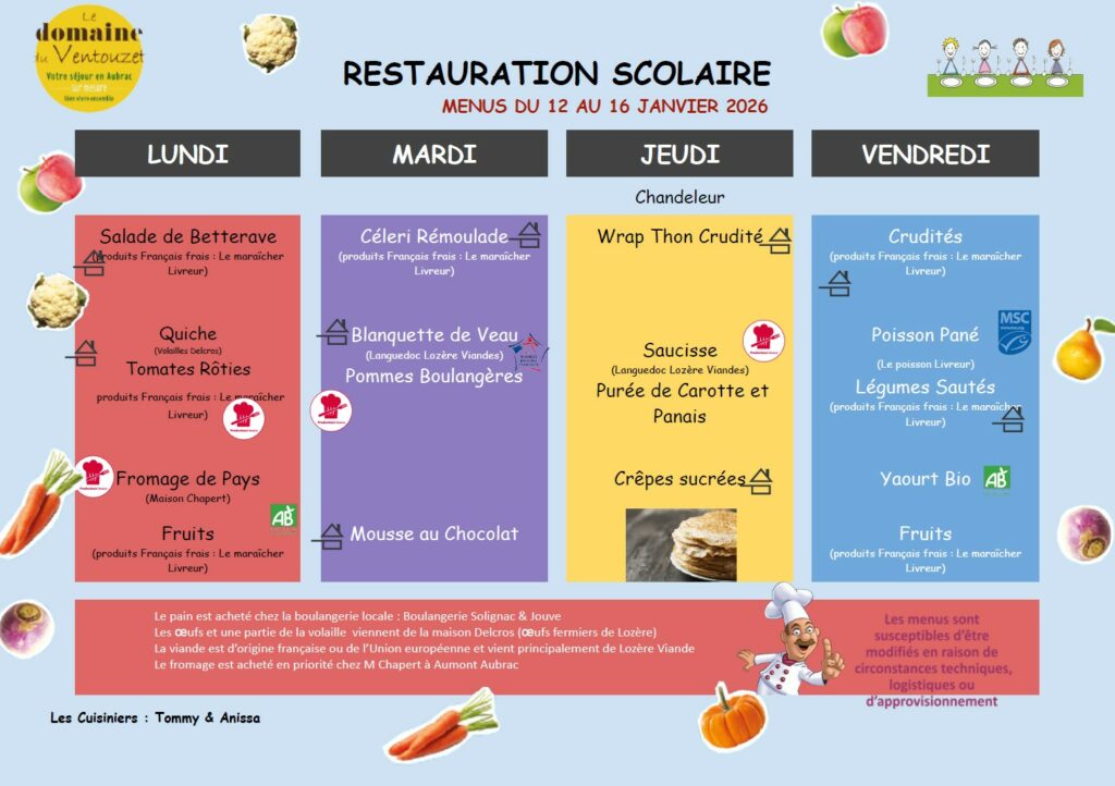 Menus restauration scolaire du 12 au 16 janvier 2026 - Commune de Peyre en Aubrac en Lozère