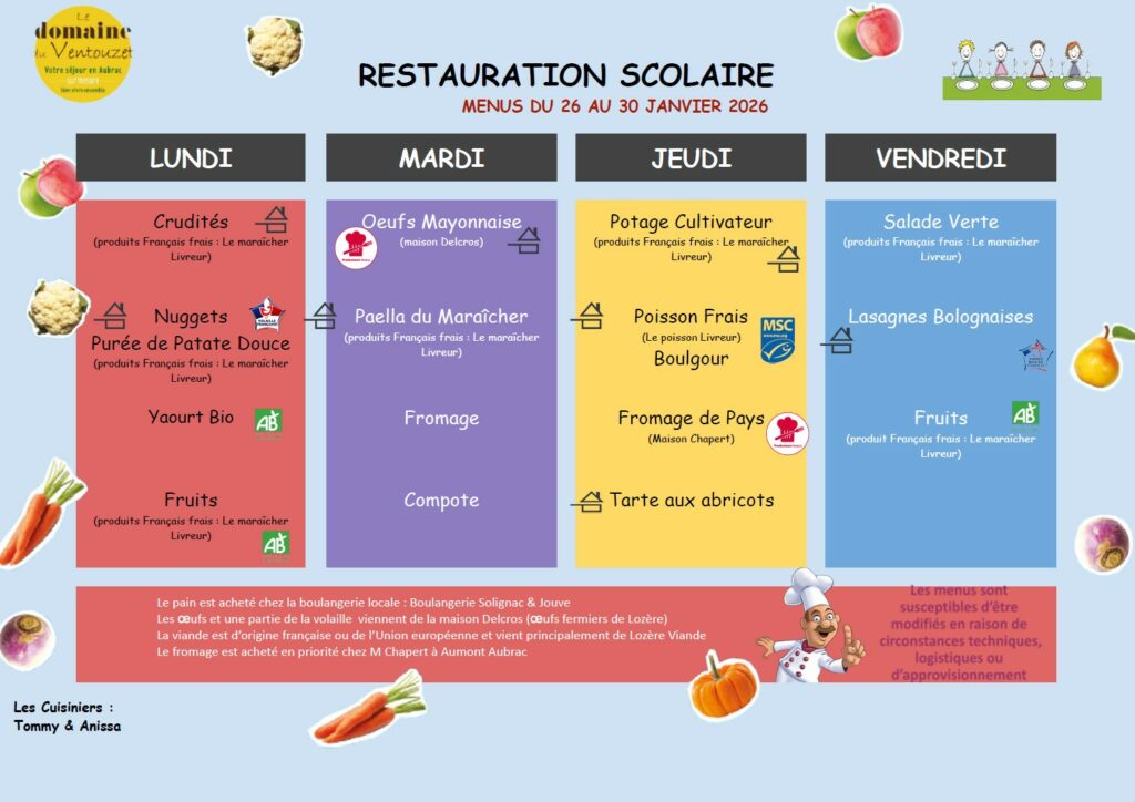 Menus restauration scolaire du 26 au 30 janvier 2026 - Commune de Peyre en Aubrac en Lozère