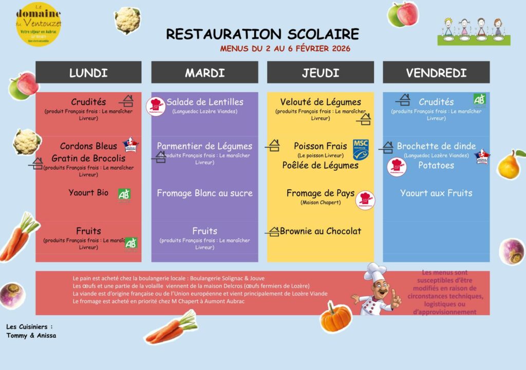 Menus restauration scolaire du 2 au 6 février 2026 - Commune de Peyre en Aubrac en Lozère