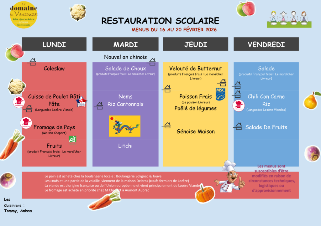 Menus restauration scolaire du 16 au 20 février 2026 - Commune de Peyre en Aubrac en Lozère