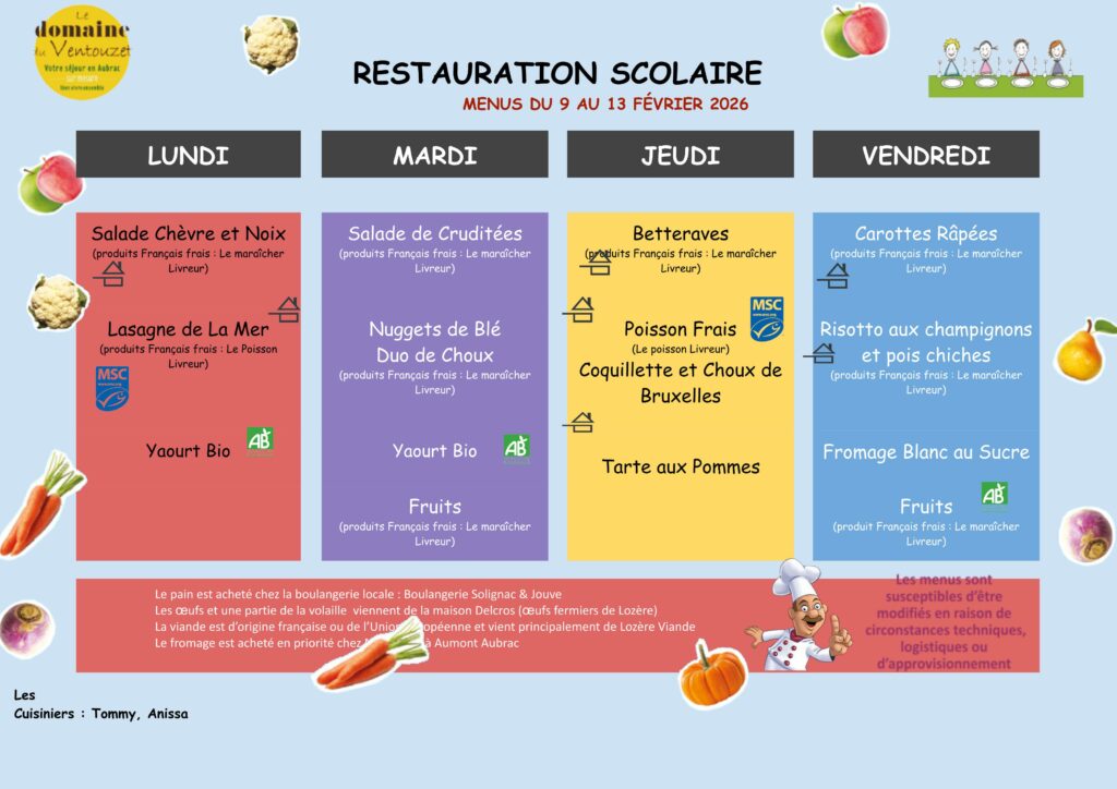 Menus restauration scolaire du 9 au 13 février 2026 - Commune de Peyre en Aubrac en Lozère