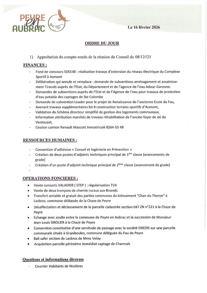 Ordre du jour Conseil Municipal du 24/02/2026 - Commune de Peyre en Aubrac en Lozère