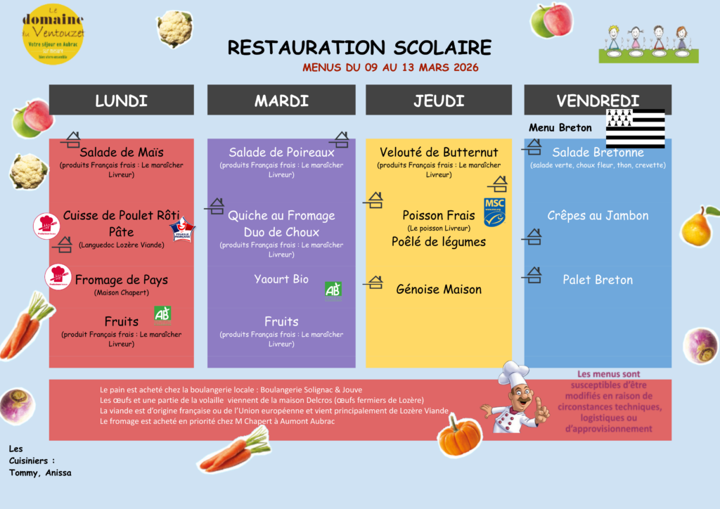 Menus restauration scolaire du 9 au 13 mars 2026 - Commune de Peyre en Aubrac en Lozère