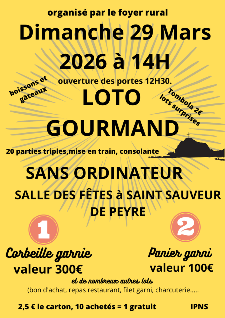 Loto gourmand à Saint Sauveur de Peyre le 29/03/2026 - Commune de Peyre en Aubrac en Lozère