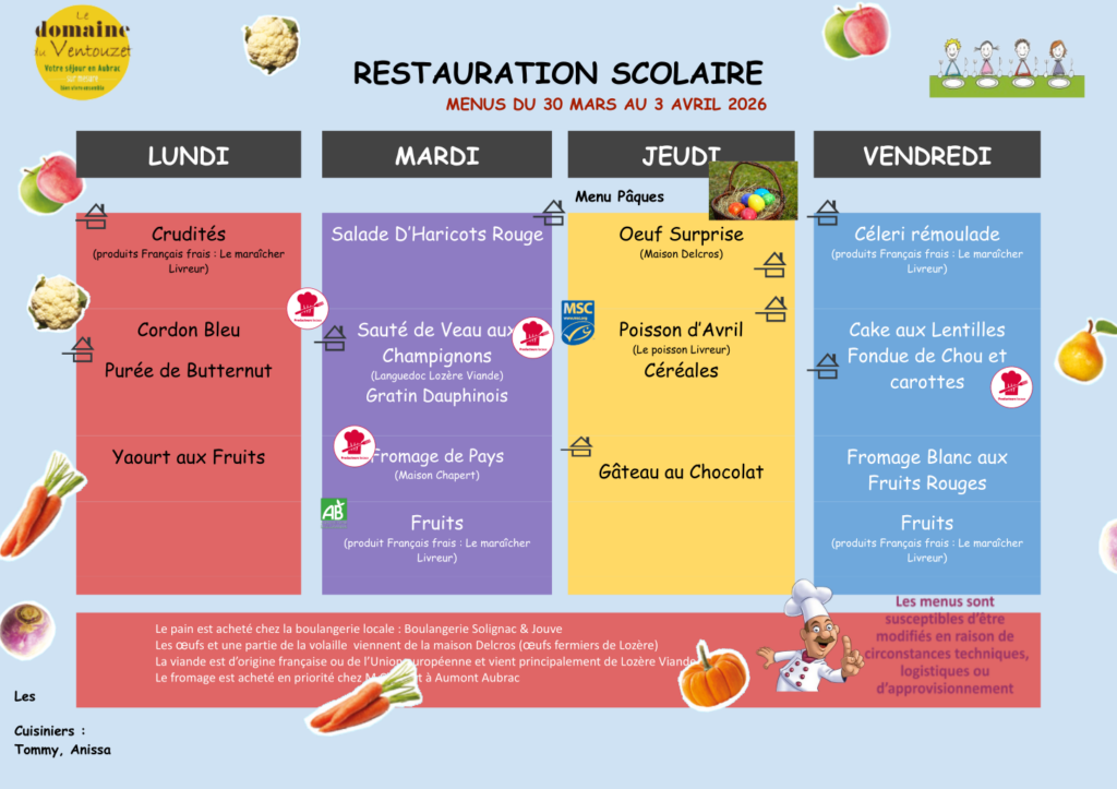 Menus restauration scolaire du 30/03/26  au 3/04/26 - Commune de Peyre en Aubrac en Lozère