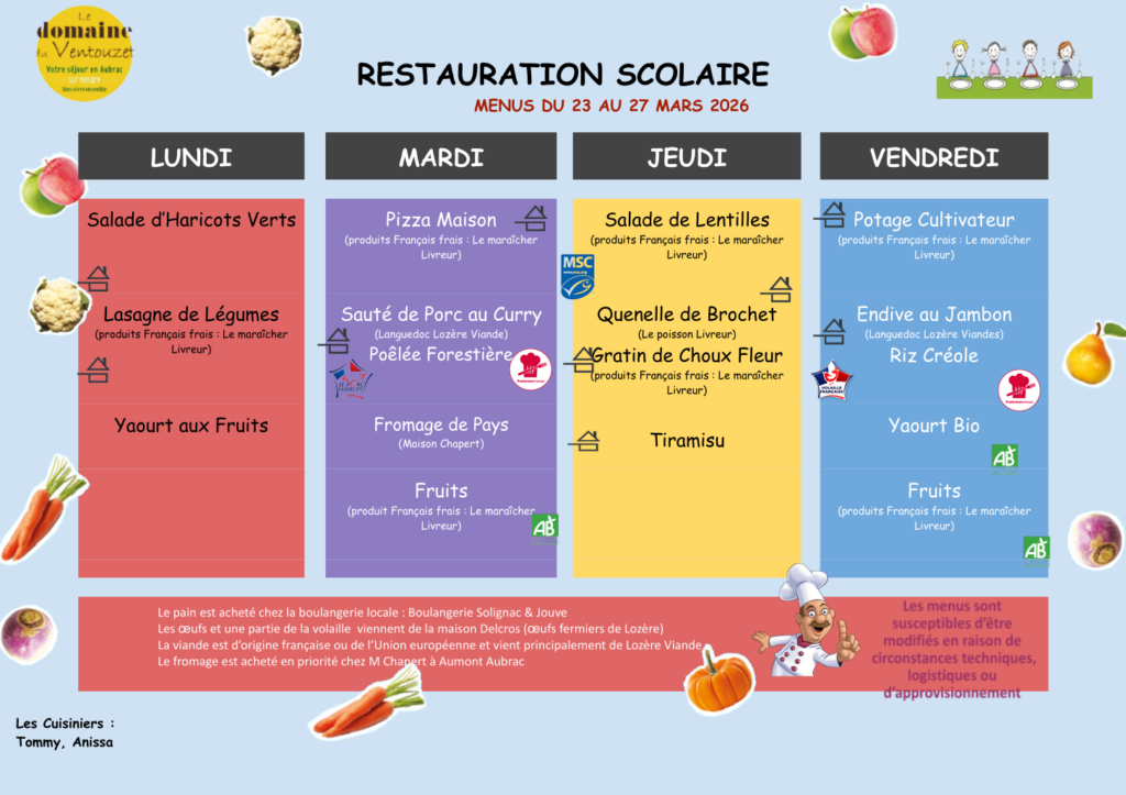 Menus restauration scolaire du 23 au 27 mars 2026 - Commune de Peyre en Aubrac en Lozère