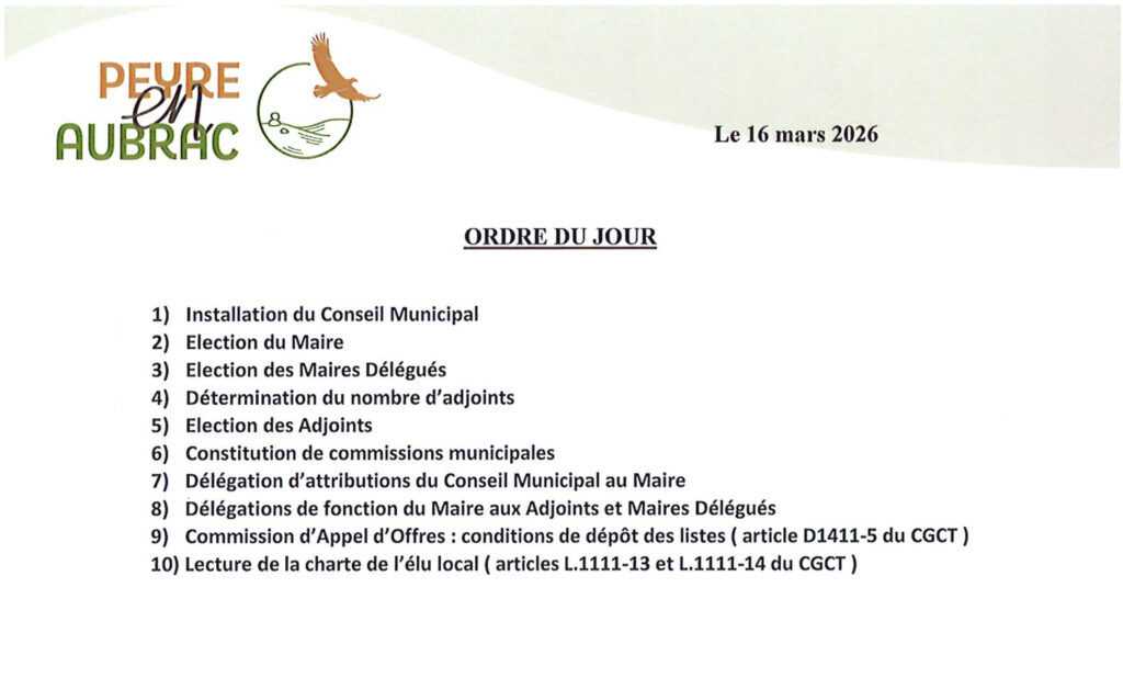 Ordre du jour Conseil Municipal Peyre en Aubrac du 20/03/2026 - Commune de Peyre en Aubrac en Lozère