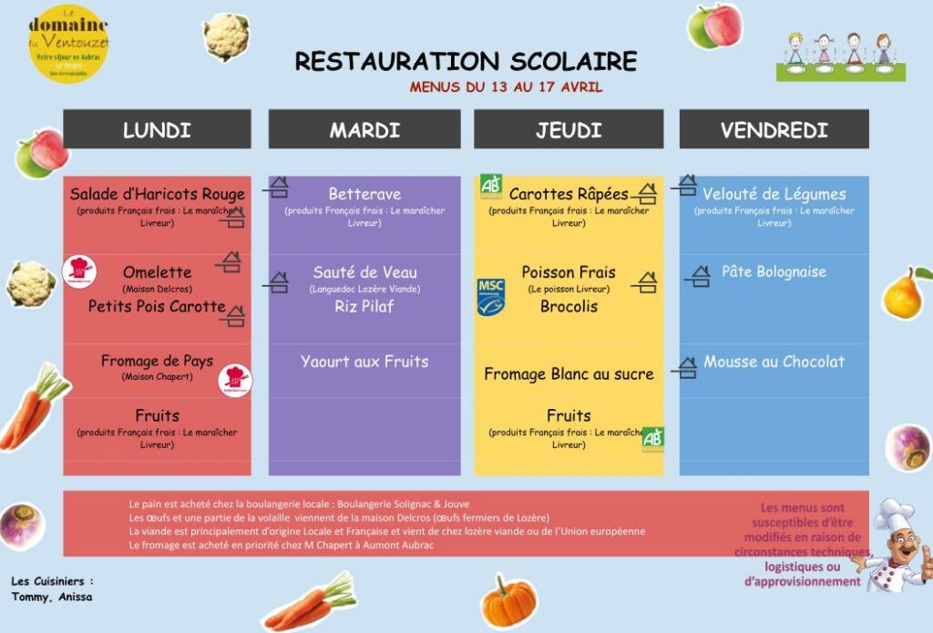 Menus restauration scolaire du 13/04/26 au 17/04/26 - Commune de Peyre en Aubrac en Lozère