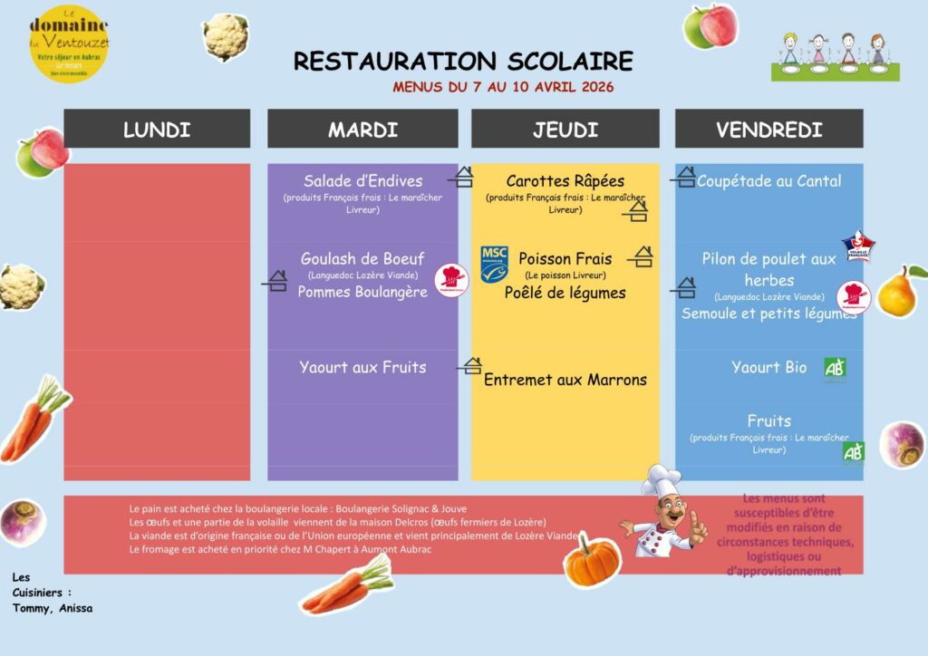 Menus restauration scolaire du 7/04/26 au 10/04/26 - Commune de Peyre en Aubrac en Lozère