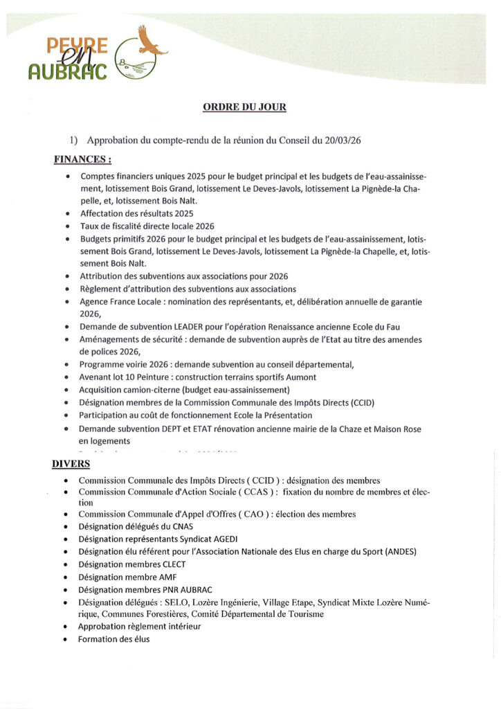 Ordre du jour du Conseil Municipal du 23/04/2026 - Commune de Peyre en Aubrac en Lozère