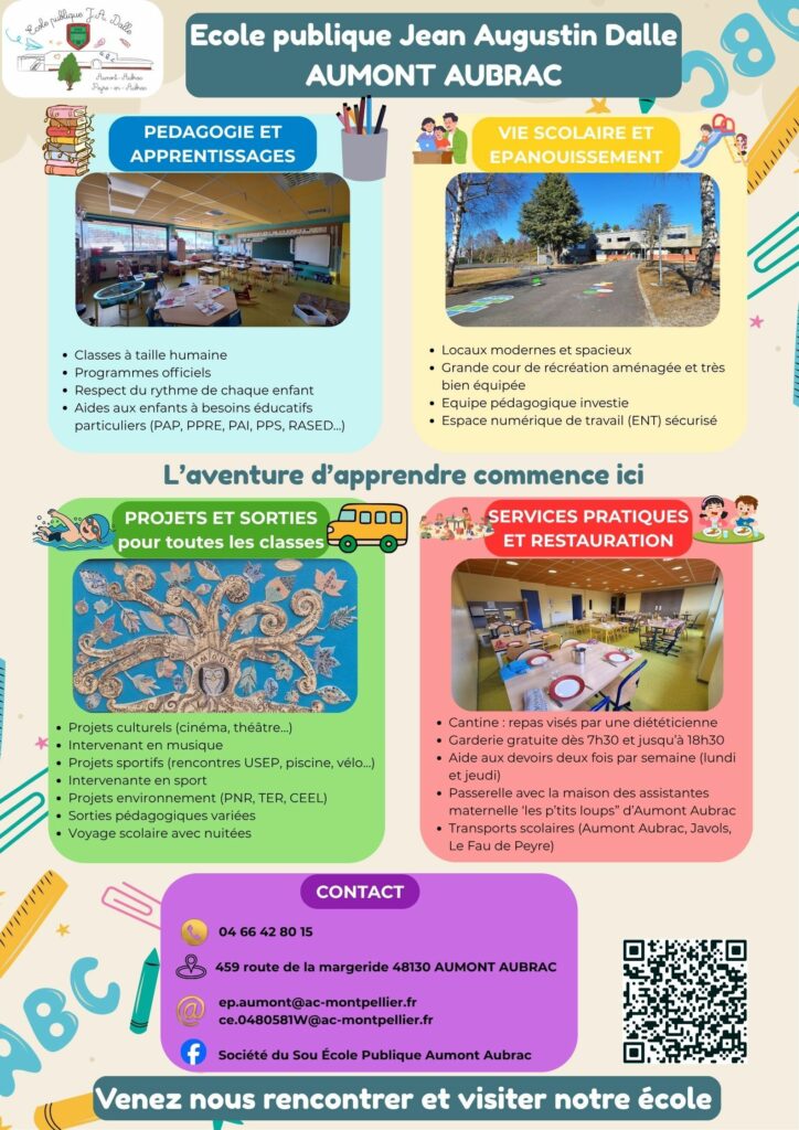 Affiche présentation école publique J.A. Dalle d'Aumont-Aubrac - Commune de Peyre en Aubrac en Lozère