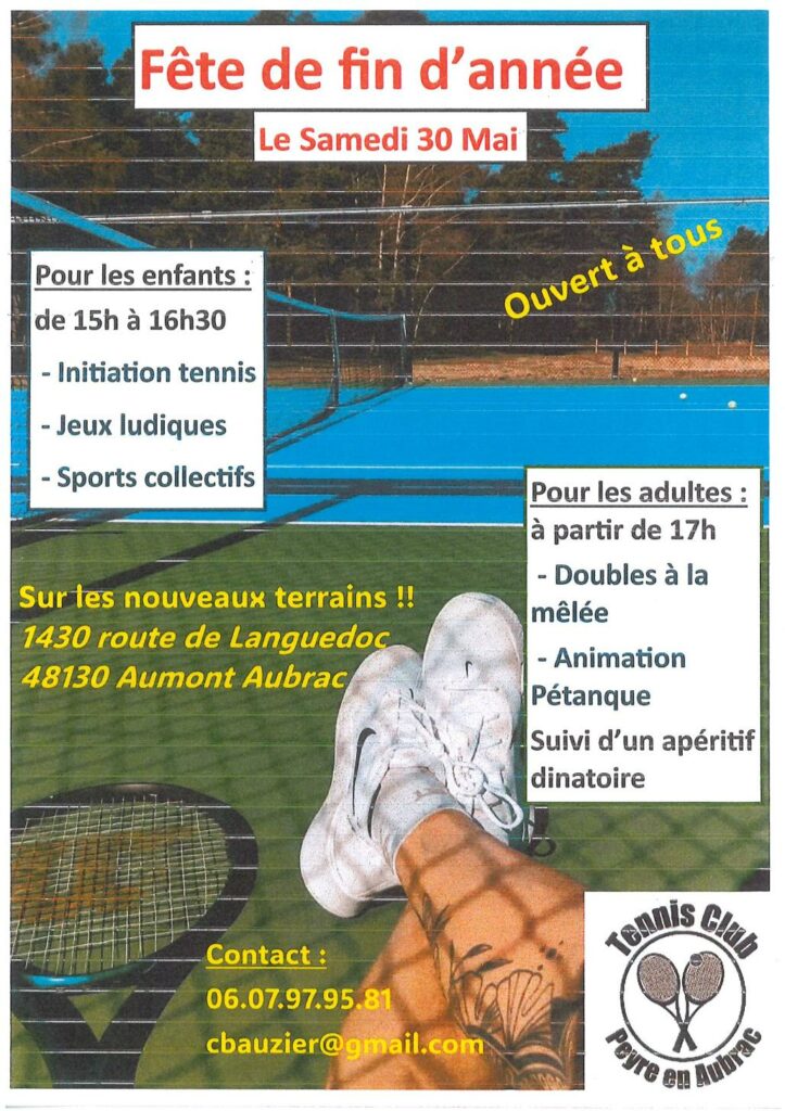 Fête de fin d'année du Tennis Club de Peyre en Aubrac le 30/05/2026 - Commune de Peyre en Aubrac en Lozère