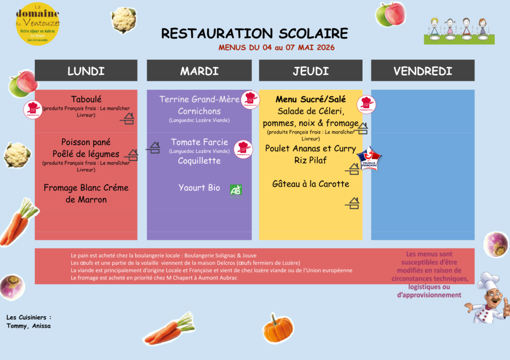 Menus restauration scolaire du 4/05/2026 au 7/05/2026 - Commune de Peyre en Aubrac en Lozère
