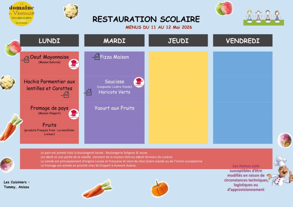 Menus restauration scolaire du 11/05/2026 au 12/05/2026 - Commune de Peyre en Aubrac en Lozère
