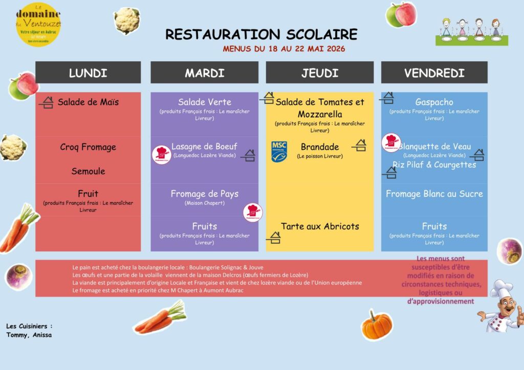 Menus restauration scolaire du 18/06/2026 au 22/06/2026 - Commune de Peyre en Aubrac en Lozère