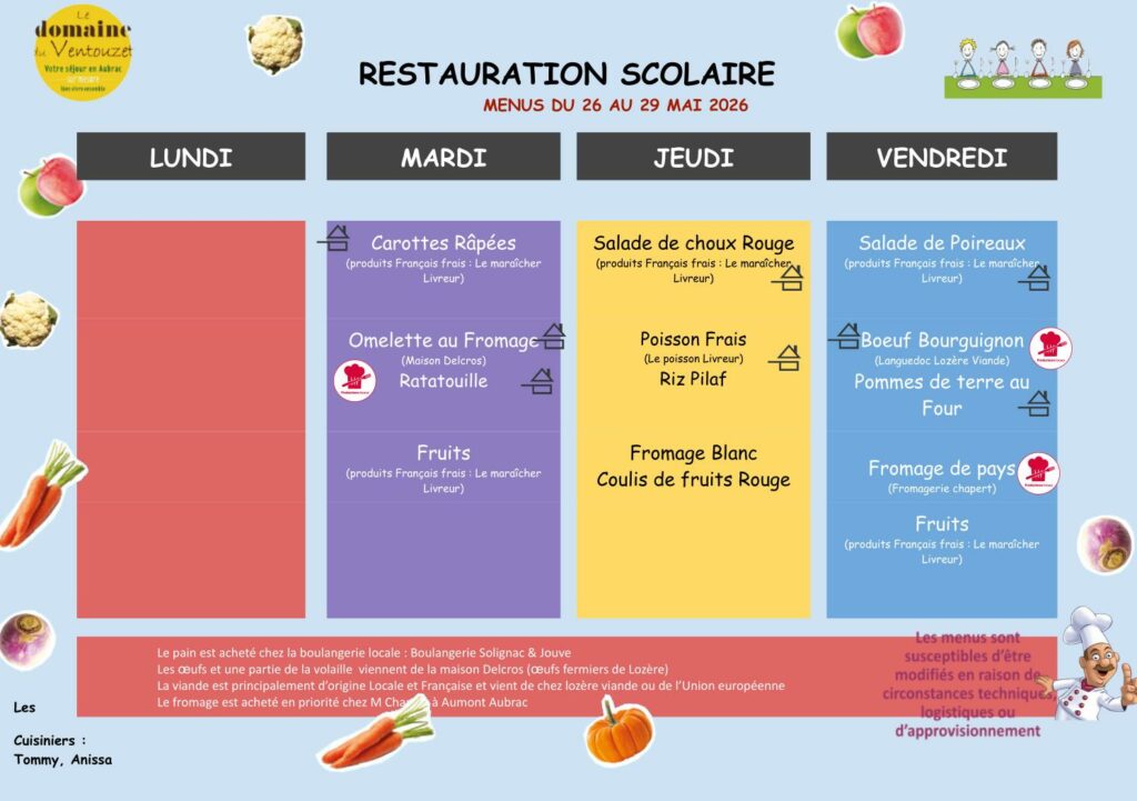 Menus restauration scolaire du 26/05/2026 au 29/05/2026 - Commune de Peyre en Aubrac en Lozère