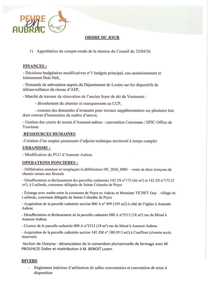 Ordre du jour Conseil Municipal du 11/06/2026 - Commune de Peyre en Aubrac en Lozère