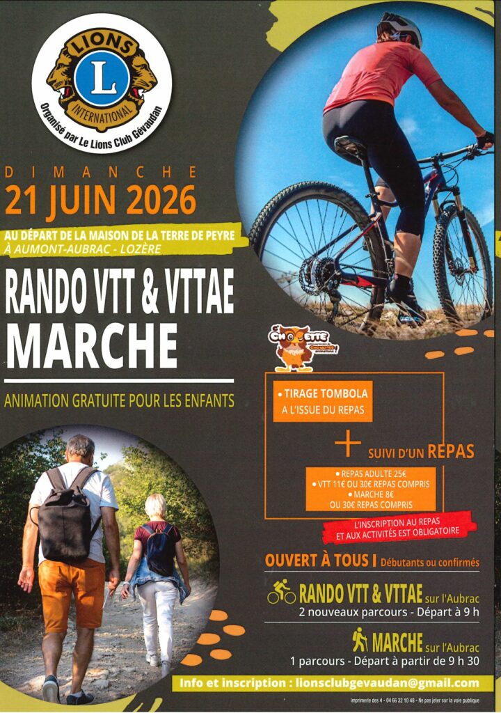 Randonnée LionClub Gévaudan le 21/06/2026 à Aumont-Aubrac - Commune de Peyre en Aubrac en Lozère