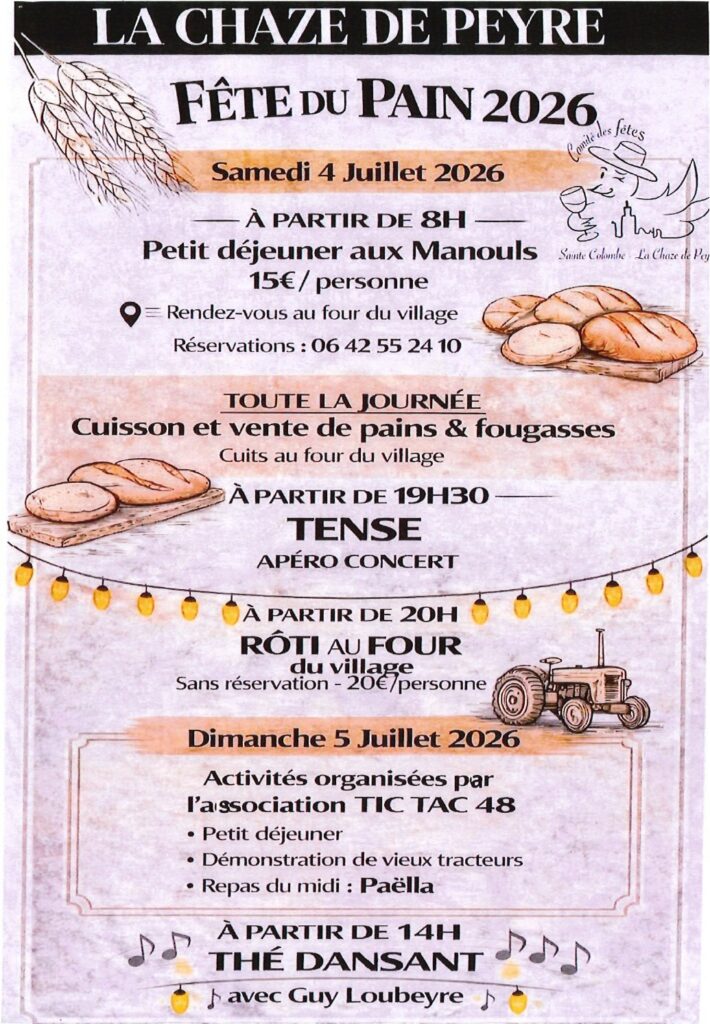 Fête du pain à La Chaze de Peyre les 4/06/2026 et 5/06/2026 - Commune de Peyre en Aubrac en Lozère