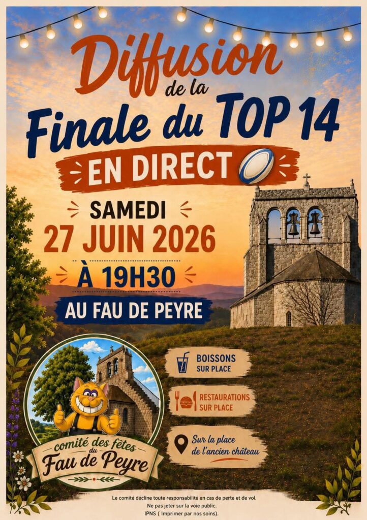 Diffusion finale Top 14 de rugby au Fau de Peyre le 27/06/2026 - Commune de Peyre en Aubrac en Lozère