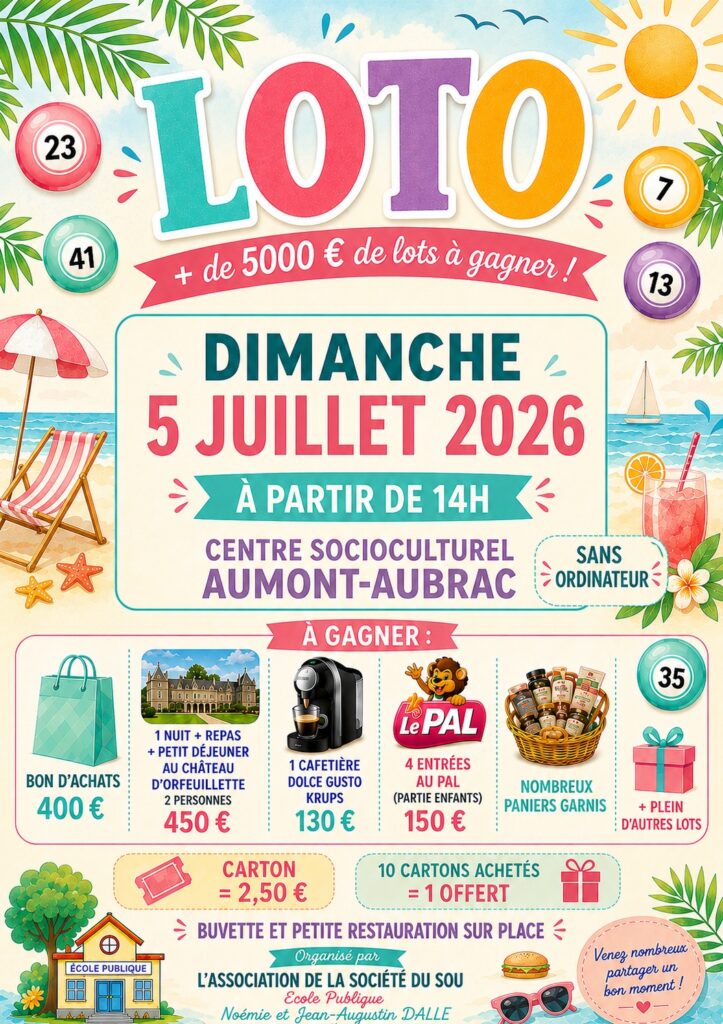 Loto école publique Aumont-Aubrac le 5/07/2026 - Commune de Peyre en Aubrac en Lozère