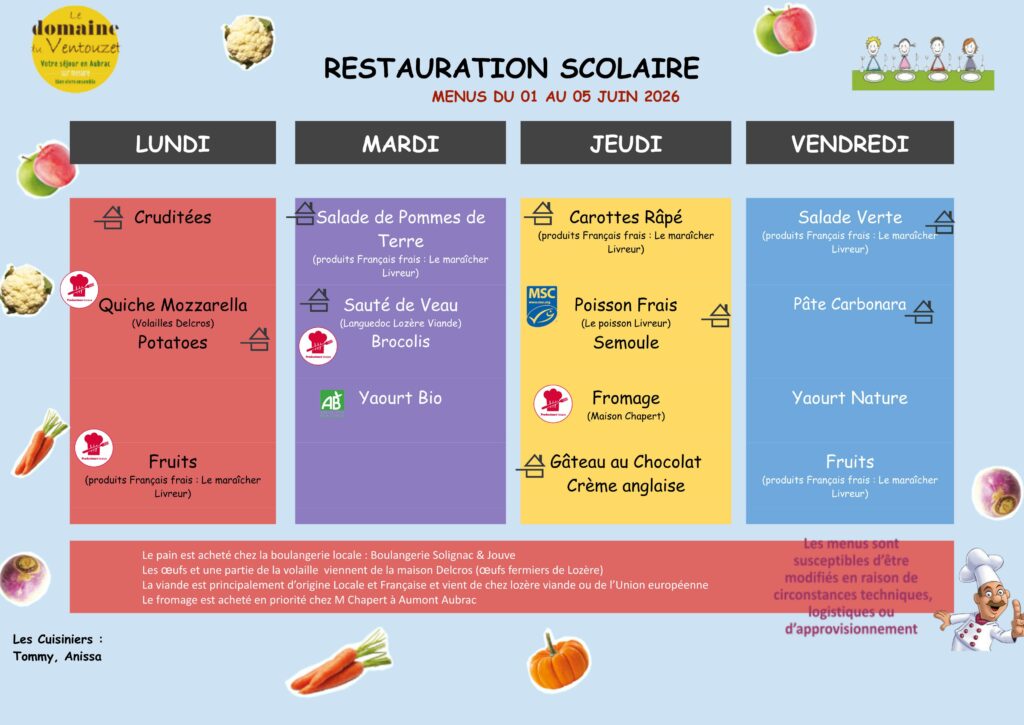 Menus restauration scolaire du 1/06/2026 au 5/06/2026 - Commune de Peyre en Aubrac en Lozère