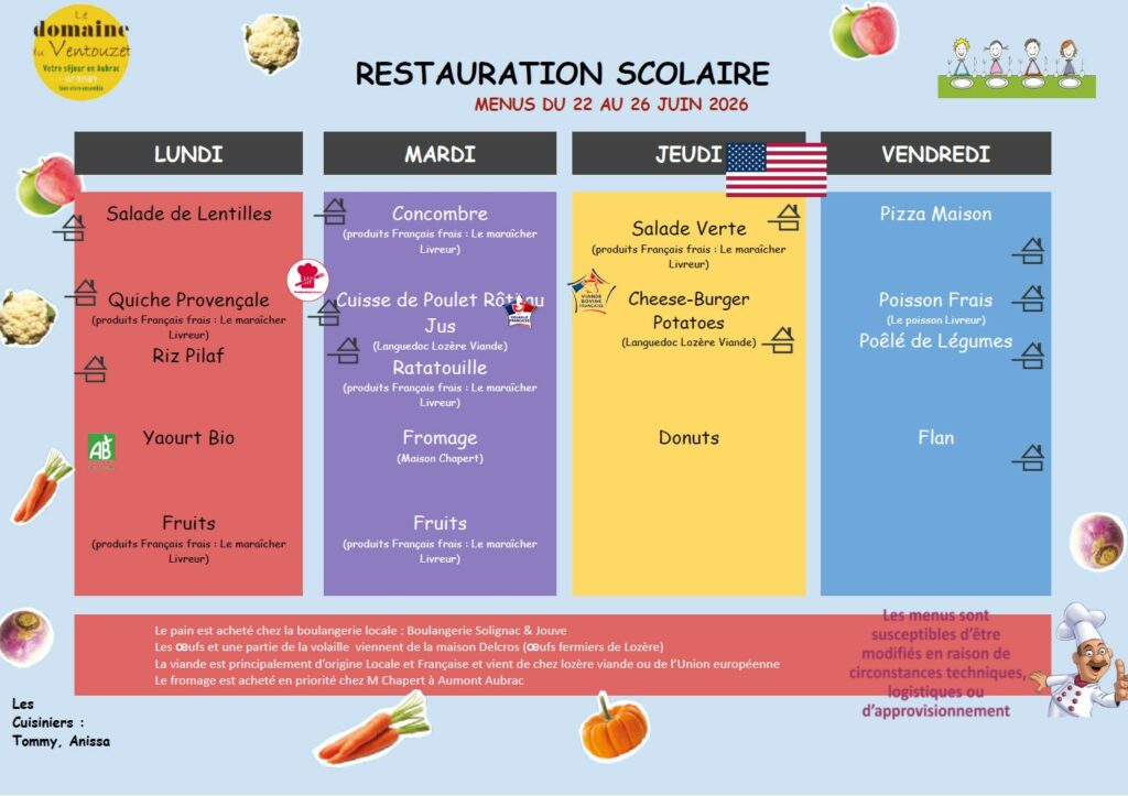 Menus restauration scolaire du 22 au 26 juin - Commune de Peyre en Aubrac en Lozère