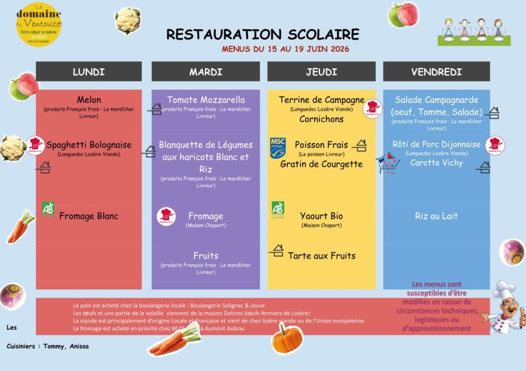 Menus restauration scolaire du 15/06/2026 au 19/06/2026 - Commune de Peyre en Aubrac en Lozère