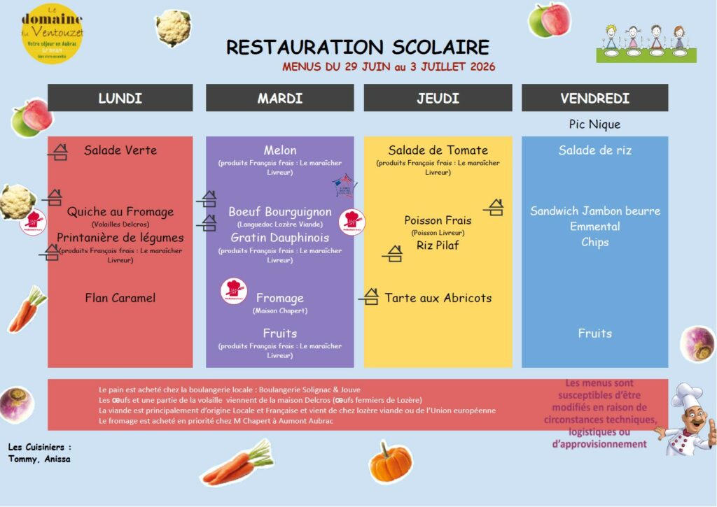 Menus restauration scolaire du 29 juin au 3 juillet 2026 - Commune de Peyre en Aubrac en Lozère