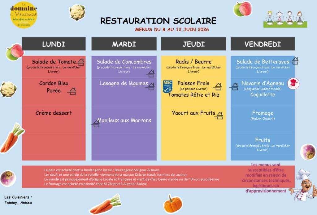 Menus restauration scolaire du 8/06/2026 au 12/06/2026 - Commune de Peyre en Aubrac en Lozère