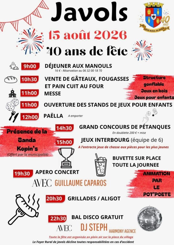 Programme fête du 15 août 2026 à Javols - Commune de Peyre en Aubrac en Lozère