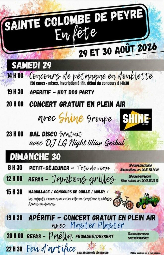 Fête votive à Sainte Colombe de Peyre les 29 et 30 août 2026 - Commune de Peyre en Aubrac en Lozère