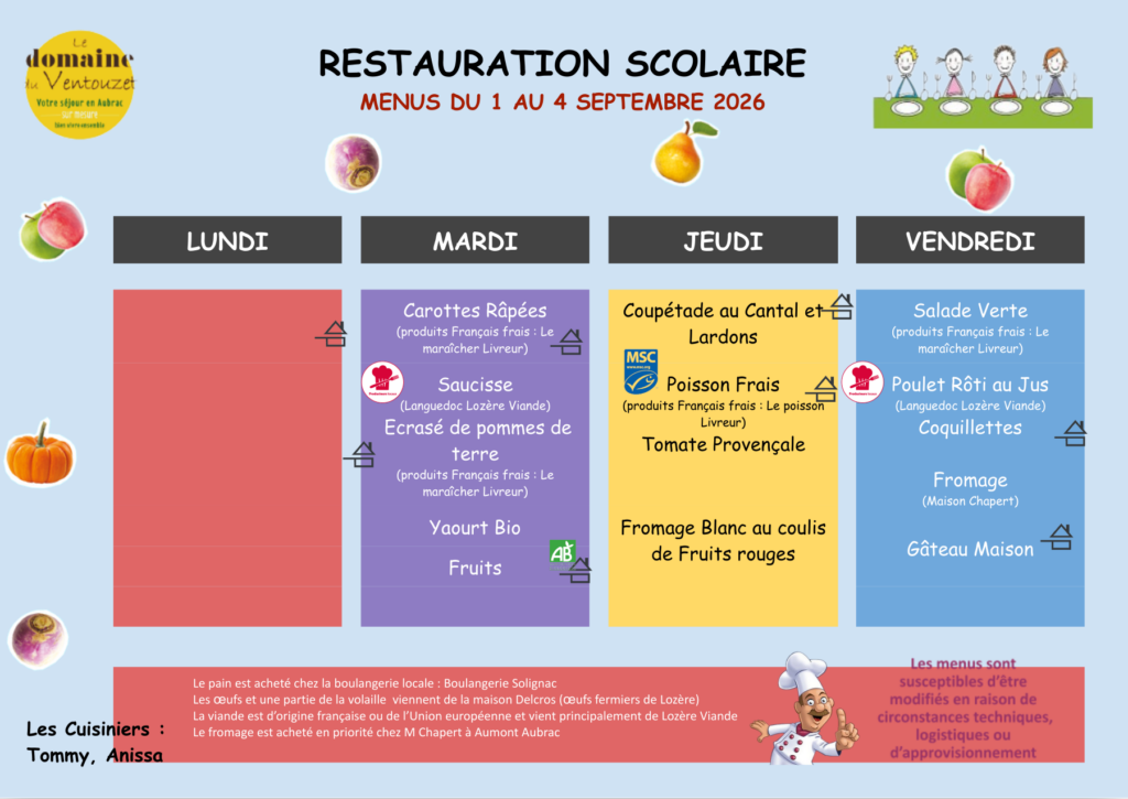 Menus restauration scolaire du 1 au 4/09/2026 - Commune de Peyre en Aubrac en Lozère