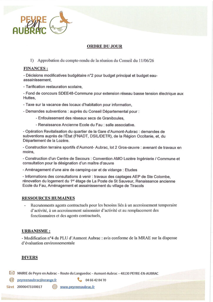 Ordre du jour Conseil Municipal du 3/09/2026 - Commune de Peyre en Aubrac en Lozère