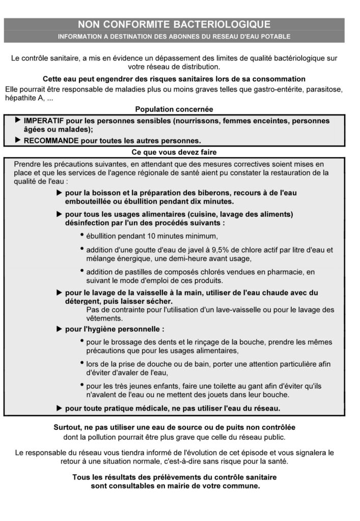 ARS alerte bactériologique - Commune de Peyre en Aubrac en Lozère