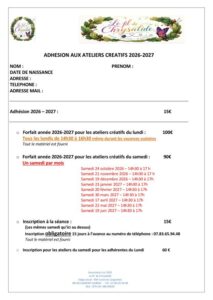 Bulletin d'adhésion ateliers créatifs "Le fil de chrysalide" - Commune de Peyre en Aubrac en Lozère.