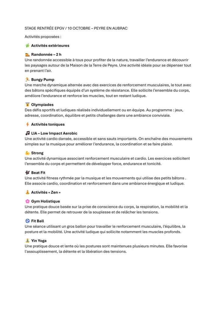 Description activité rentrée EPGV à Aumont-Aubrac - Commune de Peyre en Aubrac en Lozère