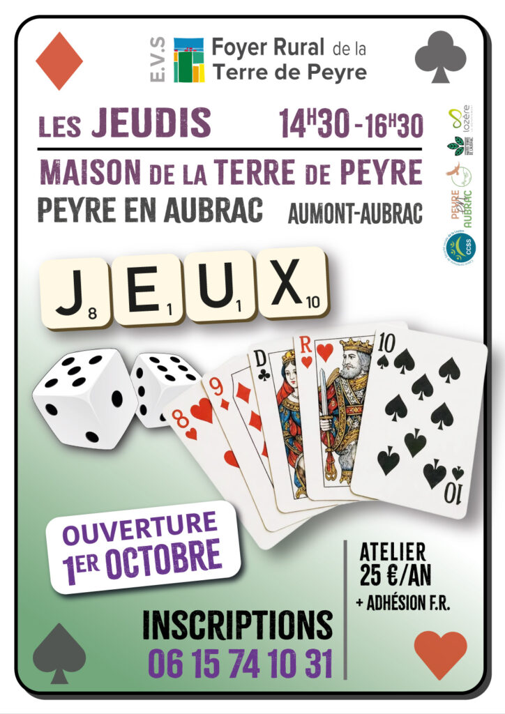 Atelier jeux de société à la Maison de la Terre de Peyre d'Aumont-Aubrac le 1/10/2026 - Commune de Peyre en Aubrac en Lozère.