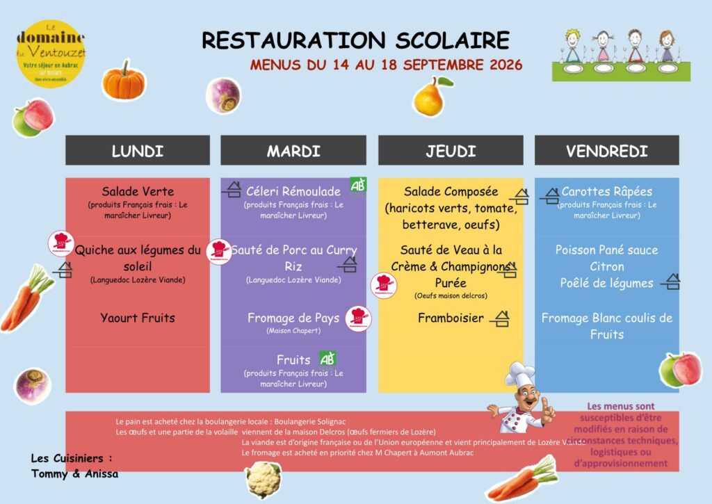 Menus restauration scolaire du 14 au 18/09/2026 - Commune de Peyre en Aubrac en Lozère
