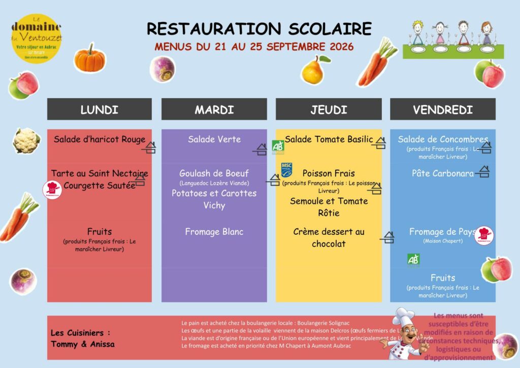 Menus restauration scolaire du 21 au 25/09/2026 - Commune de Peyre en Aubrac en Lozère