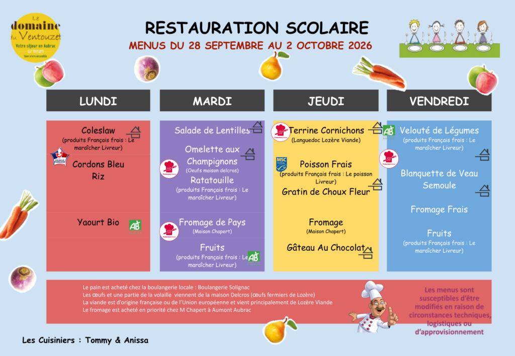 Menus restauration scolaire du 28 septembre au 2 octobre 2026- Commune de Peyre en Aubrac en Lozère